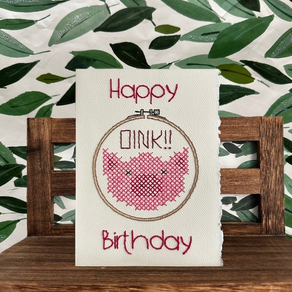 Hand-Embroidered Birthday Card - Pig Cross Stitch - Picture 1 of 2